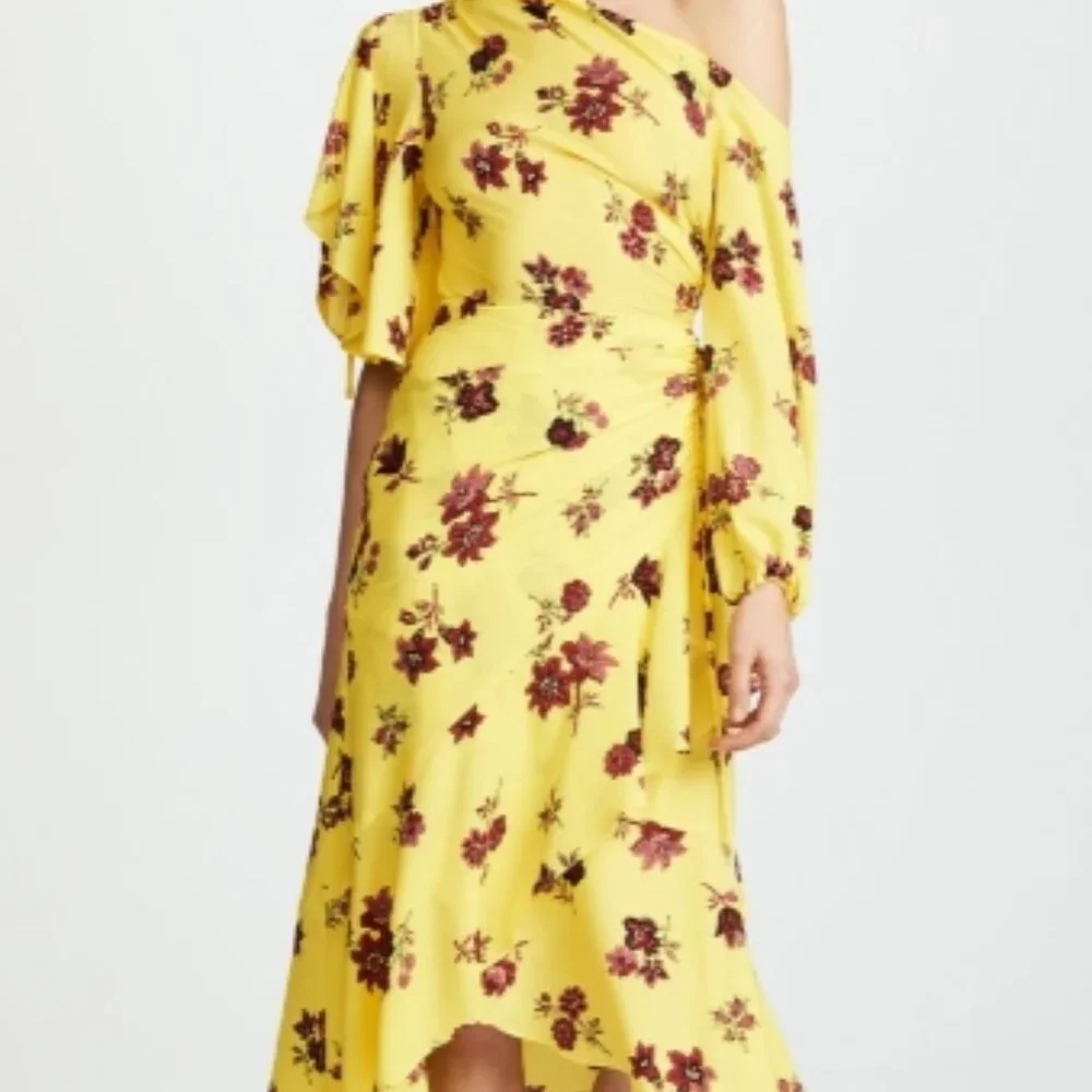 A.L.C Silk Florence Floral Ruffles Asymmetrical Midi Dress Linsey Yellow XS $675